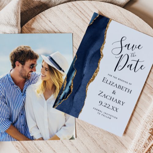 Navy Gold Agate Pale Blue Photo Save the Date Invitation