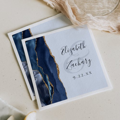 Navy Gold Agate Pale Blue Wedding Napkins