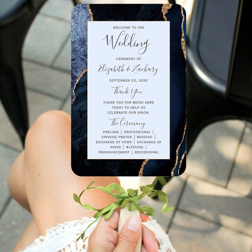 Navy Gold Agate Pale Blue Wedding Program Hand Fan