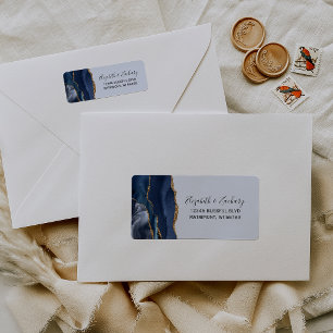 Navy Gold Agate Pale Blue Wedding Return Address Label