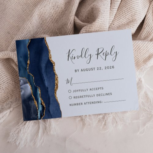 Navy Gold Agate Pale Blue Wedding RSVP Card