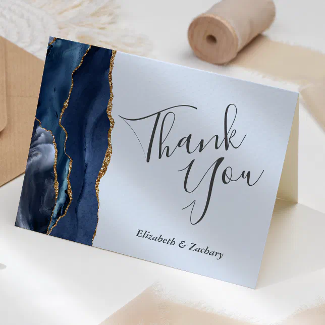 Navy Gold Agate Pale Blue Wedding Thank You Card | Zazzle