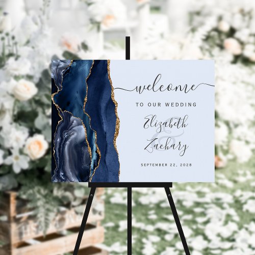 Navy Gold Agate Pale Blue Wedding Welcome Sign