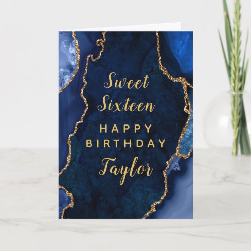 Navy Gold Agate Sweet Sixteen Happy Birthday Card