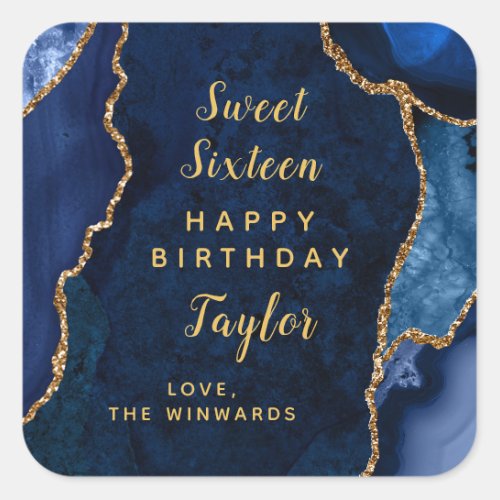 Navy Gold Agate Sweet Sixteen Happy Birthday Square Sticker