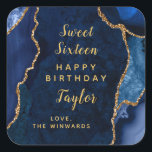 Navy Gold Agate Sweet Sixteen Happy Birthday Square Sticker<br><div class="desc">This elegant and glamorous sticker can be personalized with a name or title such as daughter,  granddaughter,  niece,  friend etc. The design features a navy blue agate marble background with faux gold glitter accents. The text combines handwritten script and modern sans serif fonts for a classy and sophisticated look.</div>