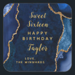 Navy Gold Agate Sweet Sixteen Happy Birthday Square Sticker<br><div class="desc">This elegant and glamorous sticker can be personalized with a name or title such as daughter,  granddaughter,  niece,  friend etc. The design features a navy blue agate marble background with faux gold glitter accents. The text combines handwritten script and modern sans serif fonts for a classy and sophisticated look.</div>