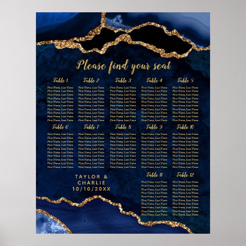 Navy Gold Agate Wedding 12 Tables Seating Chart
