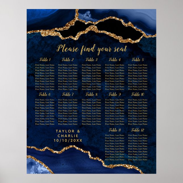 Navy Gold Agate Wedding 12 Tables Seating Chart (Front)