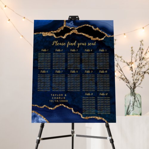 Navy Gold Agate Wedding 12 Tables Seating Chart Foam Board