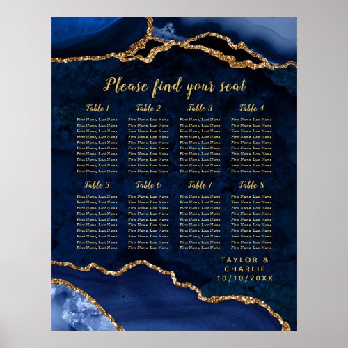 Navy Gold Agate Wedding 8 Tables Seating Chart