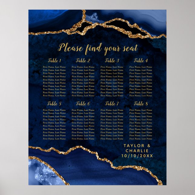 Navy Gold Agate Wedding 8 Tables Seating Chart (Front)