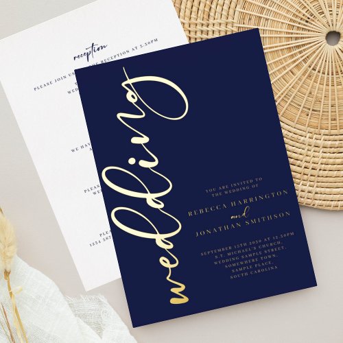 Navy Gold All In One Wedding Foil Invitation