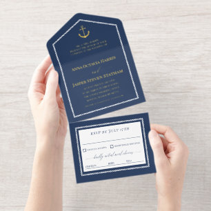 Navy Gold Anchor Nautical Wedding  All In One Invitation