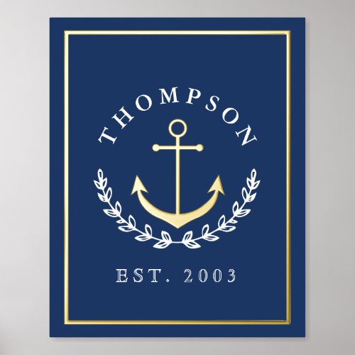 Navy Gold Anchor Wreath Nautical Name  Year Est Foil Prints