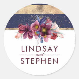 Navy Gold and Burgundy Floral Elegant Wedding Classic Round Sticker
