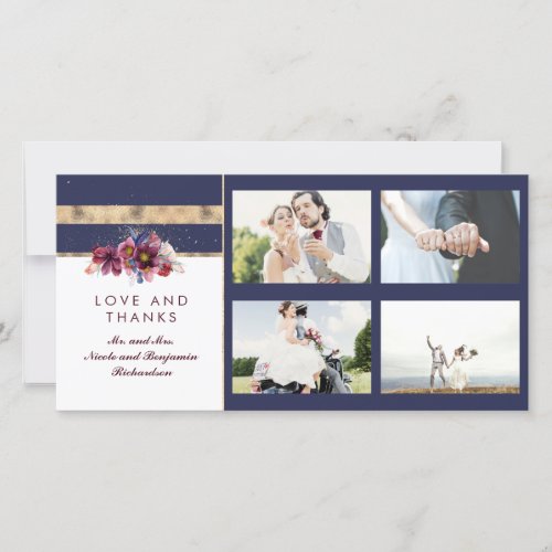 Navy Gold and Burgundy Floral Wedding Thank You
