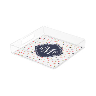 Navy Gold and Coral Confetti Dots Monogram Acrylic Tray