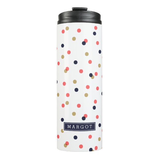 Navy Gold and Coral Confetti Dots Monogram Thermal Tumbler (Front)