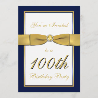 Navy, Gold, and White 100th Birthday Invitation