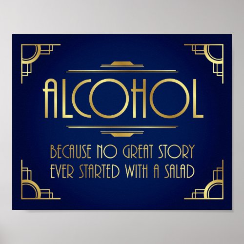 Navy Gold Art Deco ALCOHOL SALAD Quote Sign Print