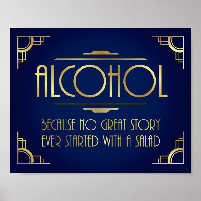 Navy Gold Art Deco ALCOHOL SALAD Quote Sign Print (Front)