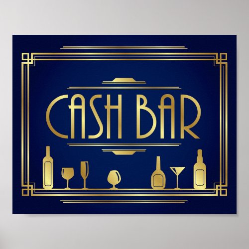 Navy Gold Art Deco CASH BAR Sign Print