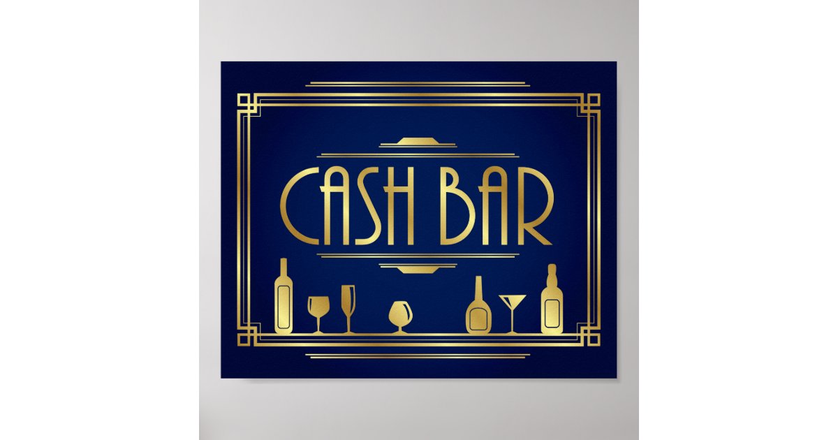 Navy Gold Art Deco CASH BAR Sign Print Zazzle