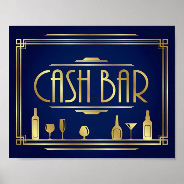 Navy Gold Art Deco CASH BAR Sign Print (Front)