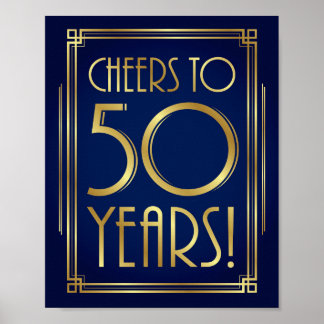 Navy Gold Art Deco CHEERS TO 50 YEARS Sign Print