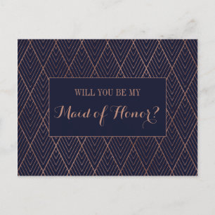 Navy Gold Art Deco Custom Maid of Honor Proposal Invitation Postcard