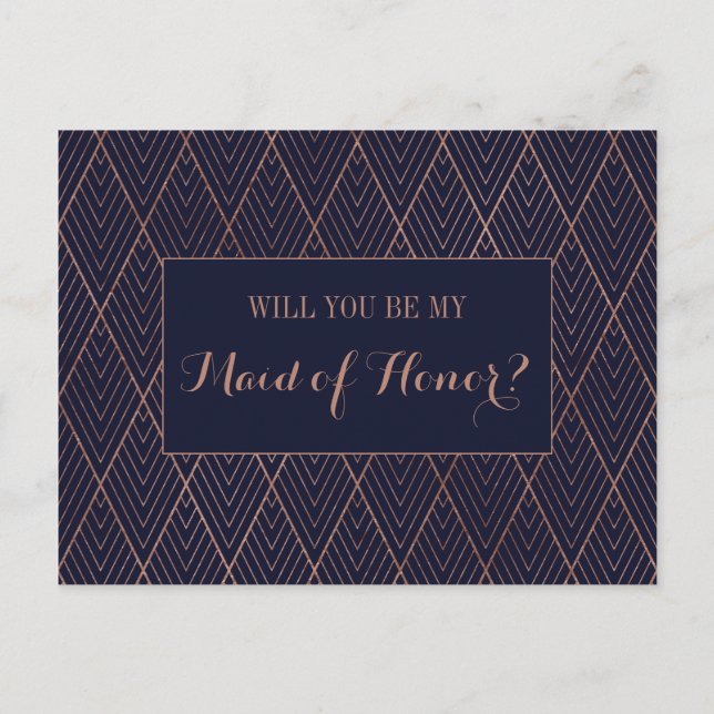 Navy Gold Art Deco Custom Maid of Honor Proposal Invitation Postcard (Front)