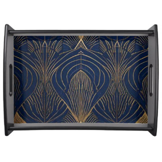 Navy & Gold Art Deco Gatsby Luxe Chevron Wooden Serving Tray