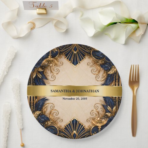 Navy gold art deco gatsby wedding dinner paper plates