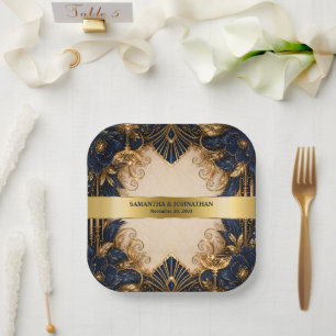 Navy gold art deco gatsby wedding dinner square paper plates