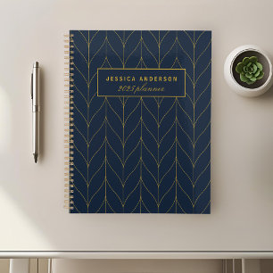 Navy Gold Art Deco Leaf Personalized Planner