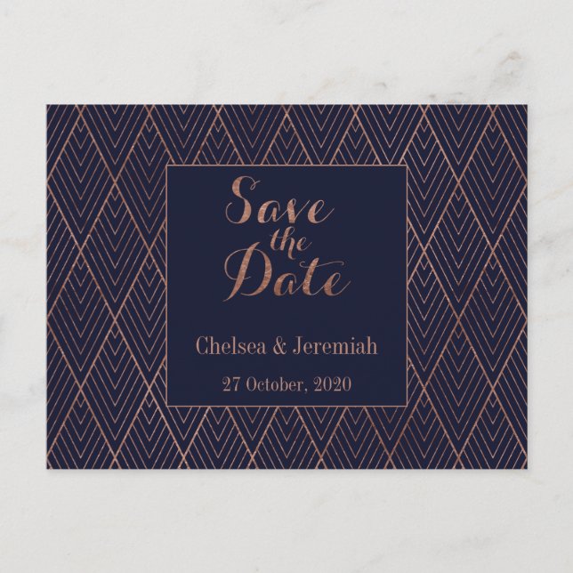 Navy Gold Art Deco Pattern Save the Date Postcard (Front)