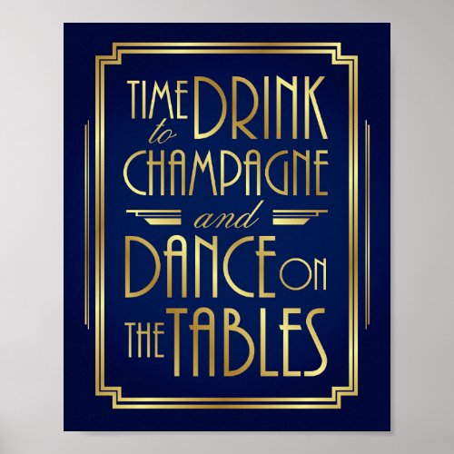 Navy Gold Art Deco TIME TO DRINK CHAMPAGNE Print