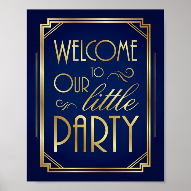 Navy Gold Art Deco WELCOME TO OUR LITTLE PARTY Poster (Front)
