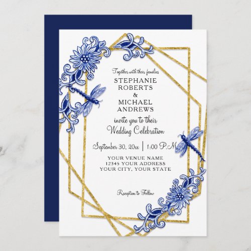 Navy Gold Asian Dragonfly China Floral Watercolor Invitation