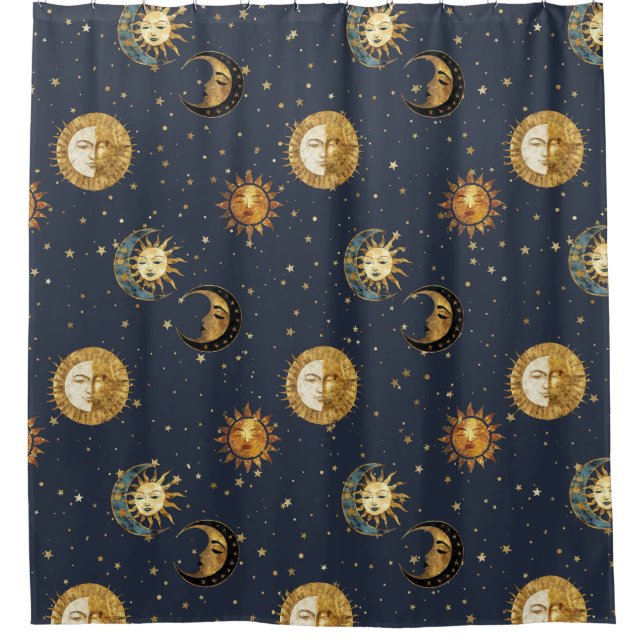 Navy Gold Astrology Symbols Cosmic Shower Curtain (Front)