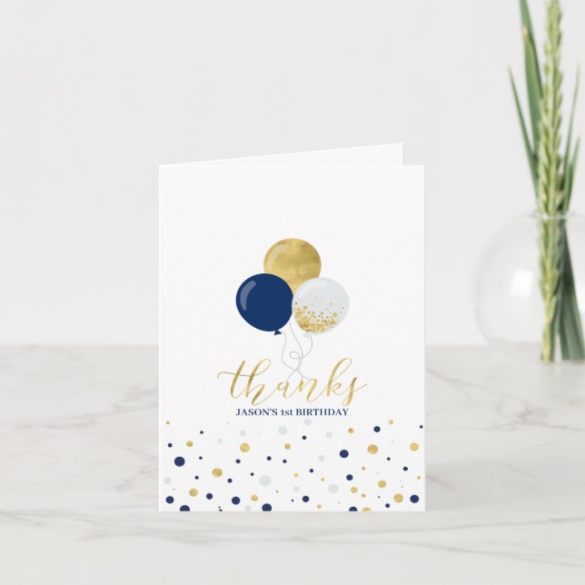Navy & Gold Balloons 1st Boy Birthday Thank you Card (Front)