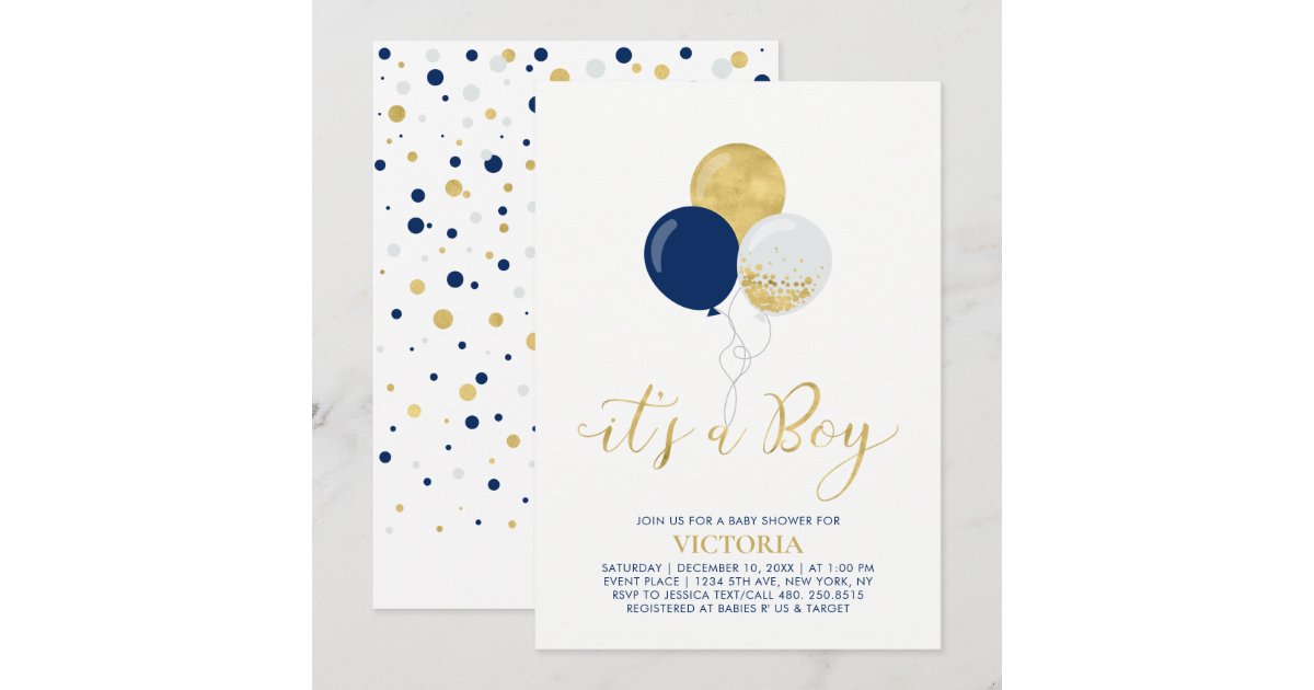 Navy & Gold Balloons | It's a Boy Baby Shower Invitation | Zazzle