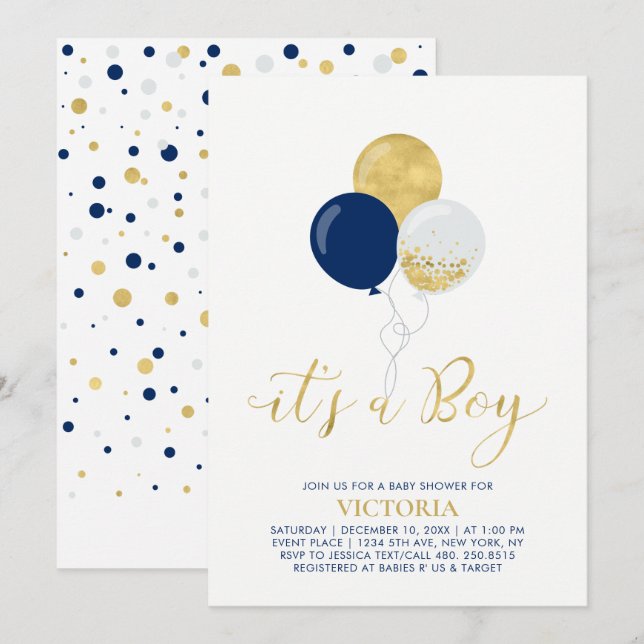 Navy & Gold Balloons | It's a Boy Baby Shower Invitation (Front/Back)
