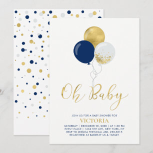 Navy & Gold Balloons Oh Baby Boy Baby Shower Invitation
