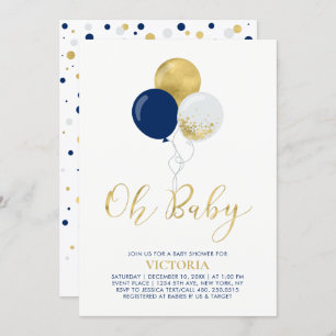 Navy & Gold Balloons Oh Baby Boy Baby Shower Invitation