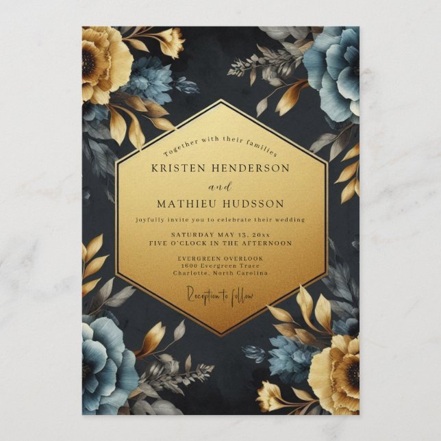 Navy Gold Baroque Bloom Wedding Invitation (Front)
