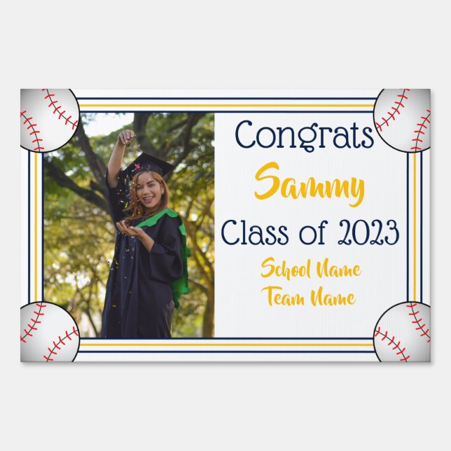 Navy & Gold Baseball One Photo Graduation Sign (Front)
