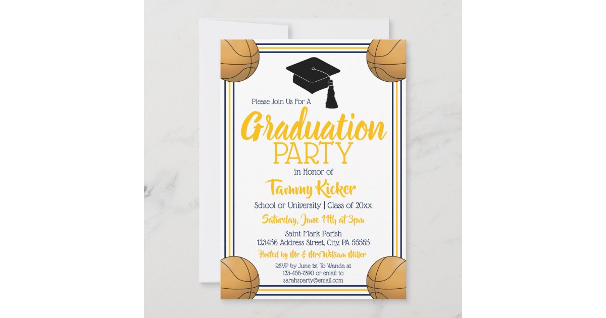 Navy & Gold Basketball Graduation Party Invitation | Zazzle