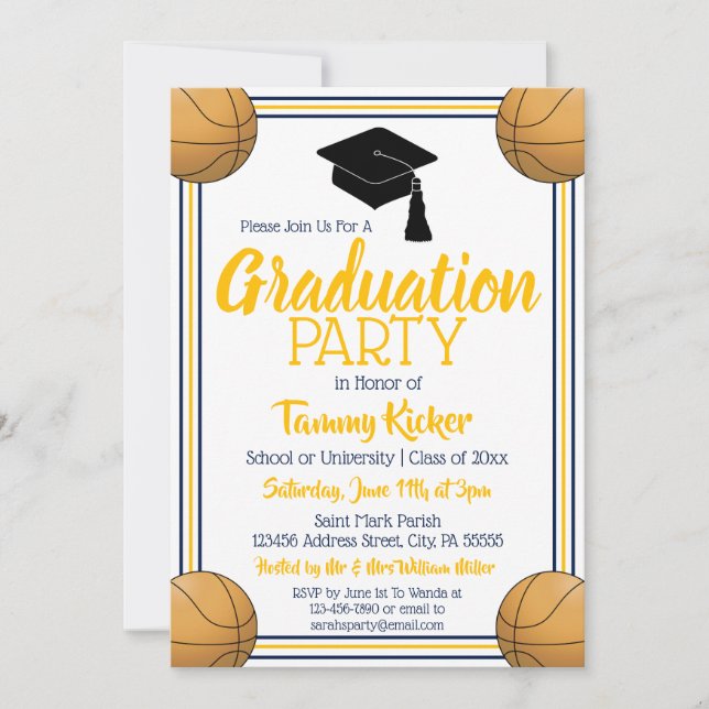 Navy & Gold Basketball Graduation Party Invitation (Front)